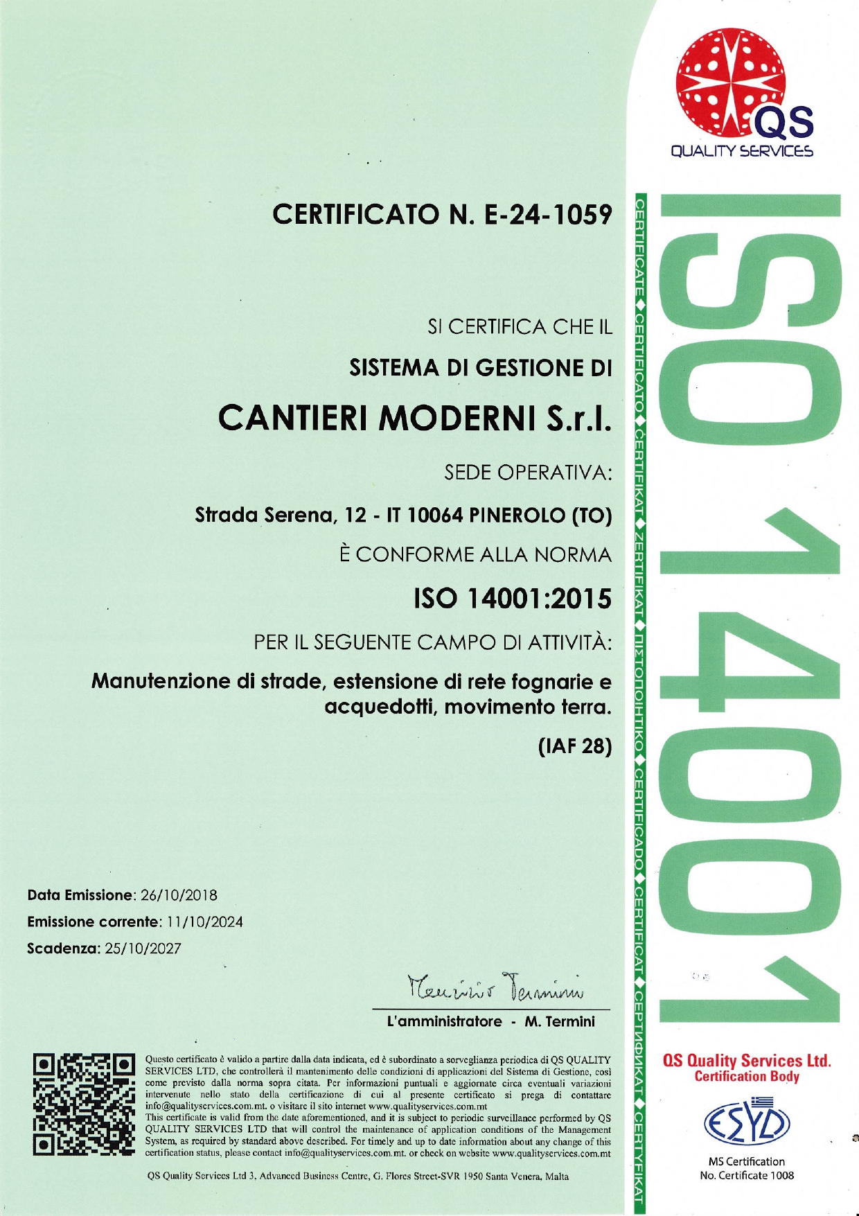 CERTIFICATO QS ISO14001 2015 SCAD. 25 10 2027 page 0001