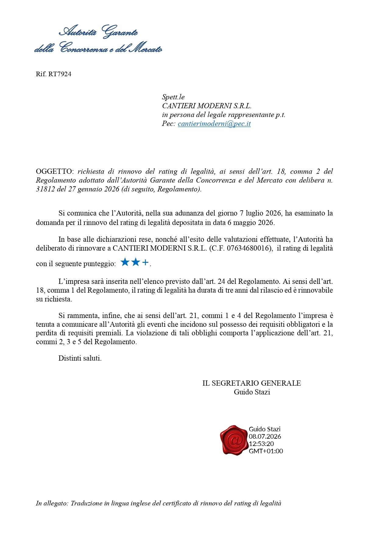 RATING LEGALITA Lettera rinnovo Rating signed page 0001